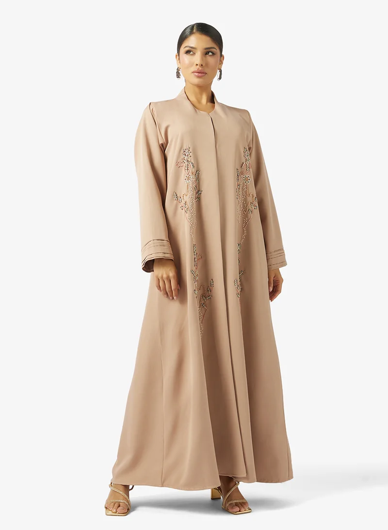 hayas closet  Floral Embellished Open Front Round Neck Abaya for Women | Best Price UAE
